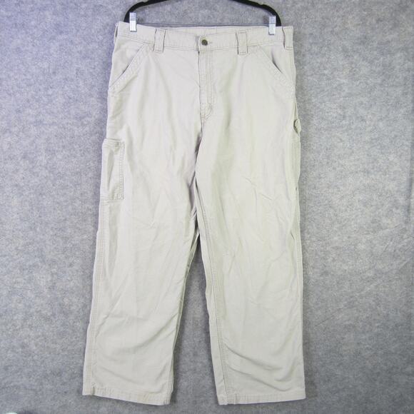 Carhartt Pants Mens 38x34 Khaki Canvas Work Dungaree Carpenter Hammer Loop B151 - Picture 1 of 10